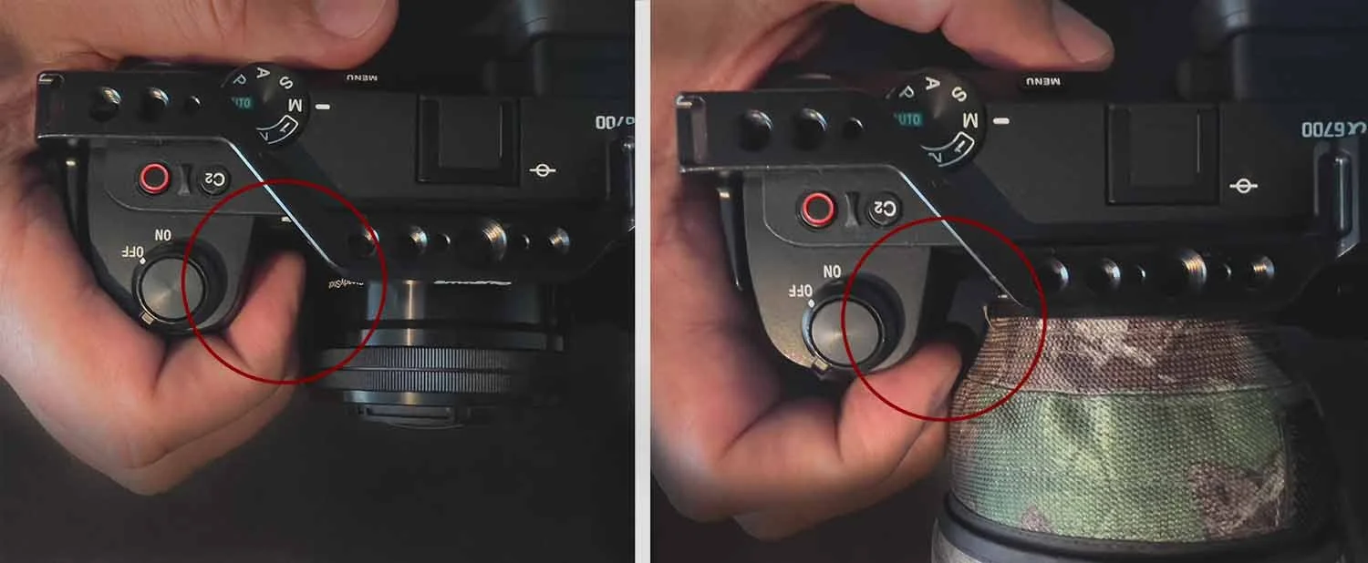 Zwei Detailaufnahmen der Sony a6700 mit markiertem Ein-/Ausschalter und C2-Taste am Griff