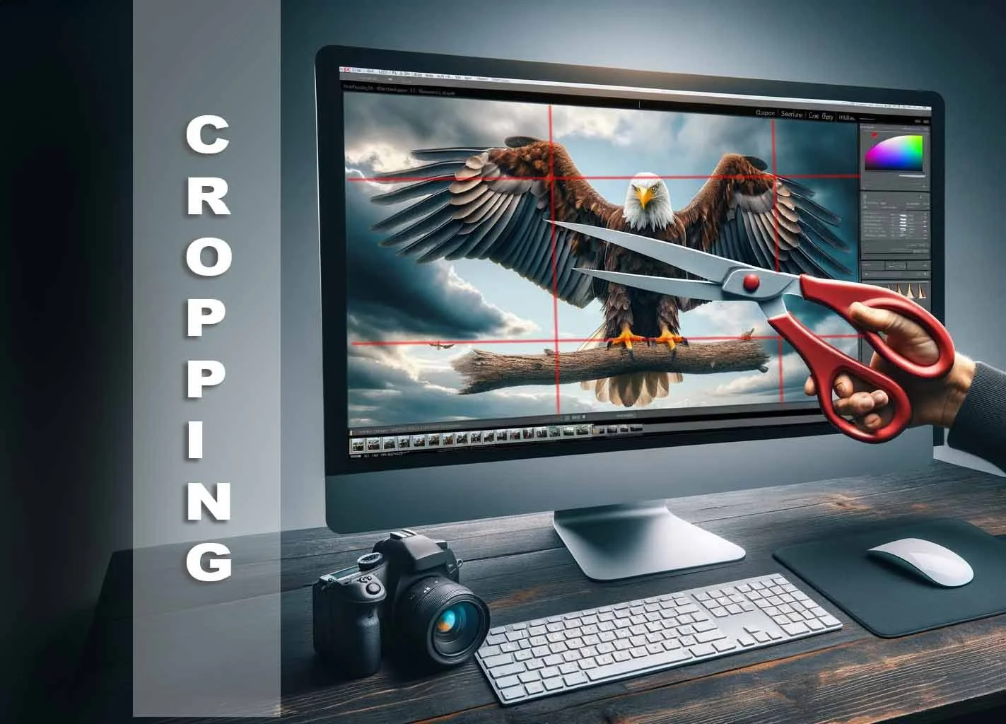 Cropping illustration: hand with red scissors in front of a monitor showing an eagle image with red grid, camera and keyboard nearby