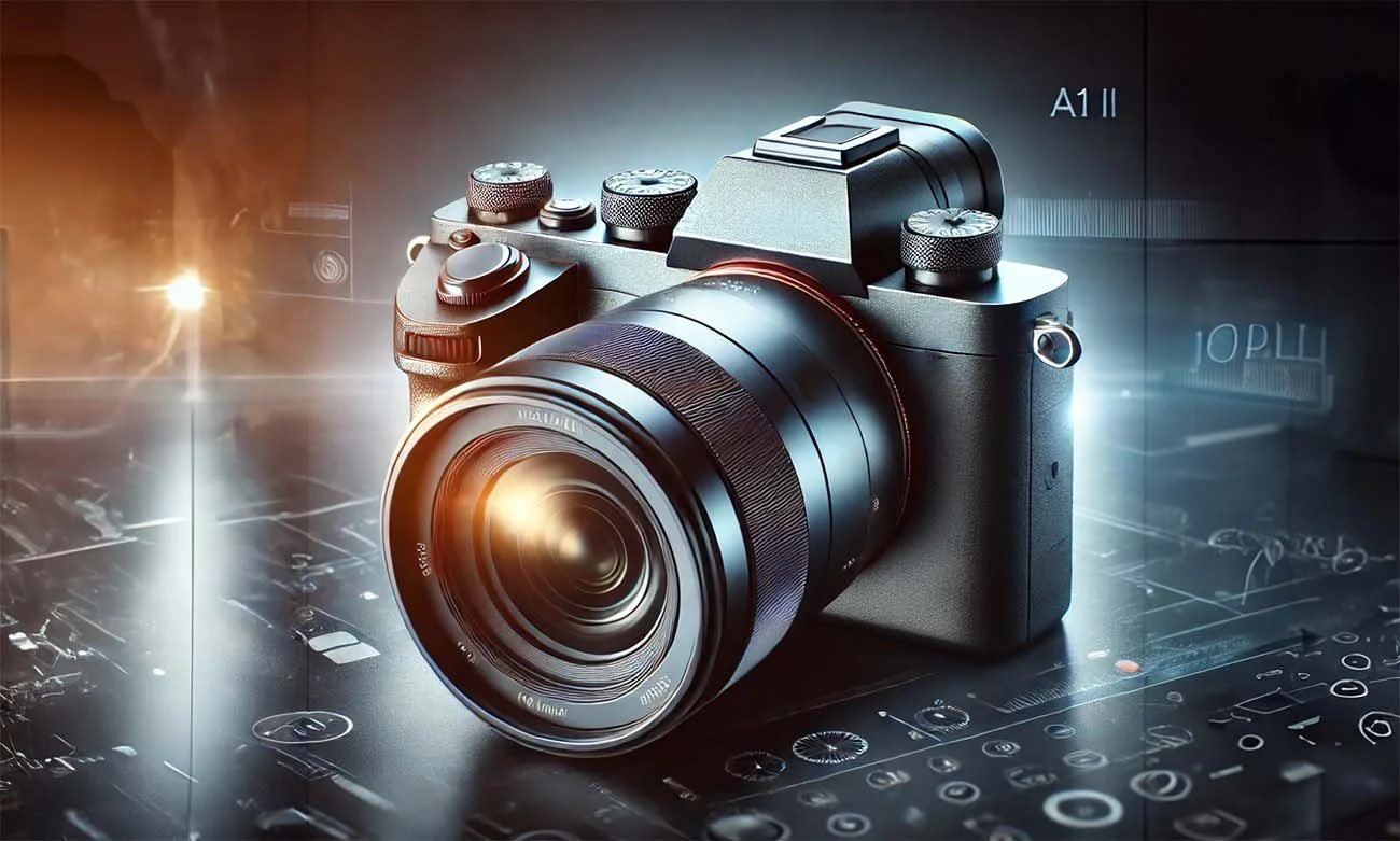 Digital gestaltete Ankündigungsgrafik der Sony α1 II vor dunklem Hintergrund.